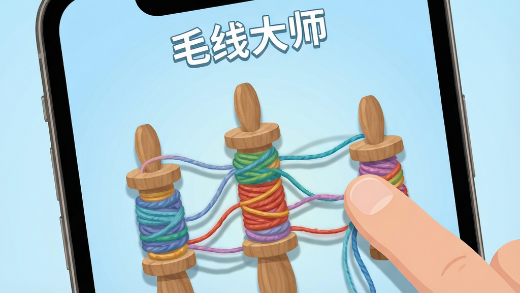 画面展示手机屏幕特写,屏幕中是一款毛线缠绕解谜游戏的界面,彩色毛线在编织桩之间交错穿插,一只手指正在拖动线头,背景是柔和的浅蓝色渐变,屏幕上方显示