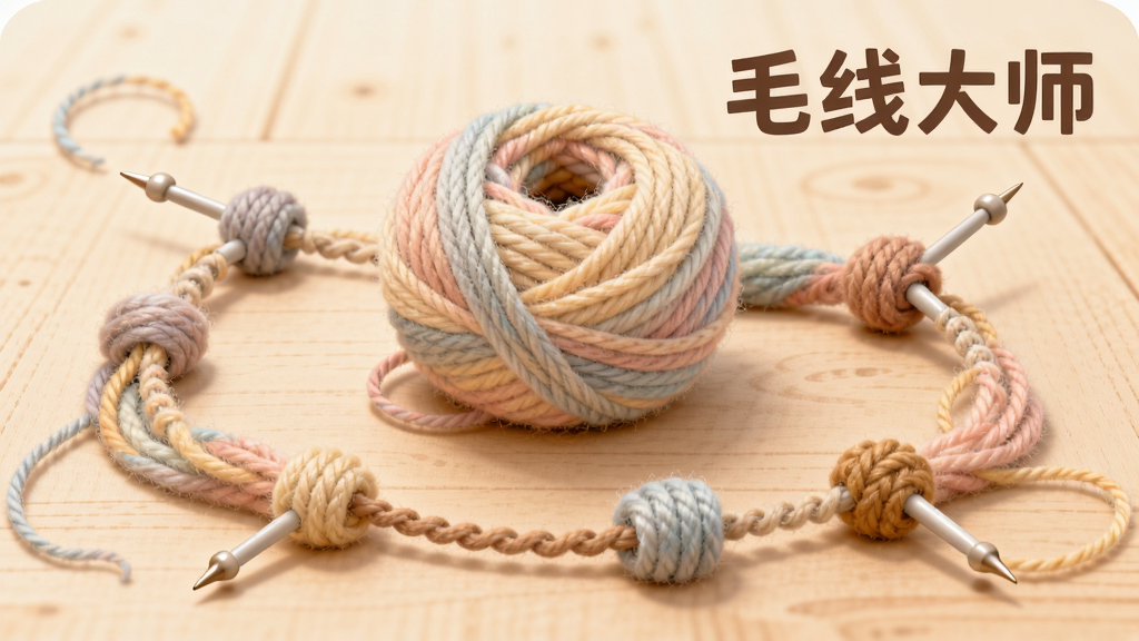 画面中央是一团色彩柔和的毛线球,毛线自然散开形成一条蜿蜒的路径,路径上分布着几个圆润的编织针脚节点,背景为浅米色木质桌面,右上角用圆体字写着