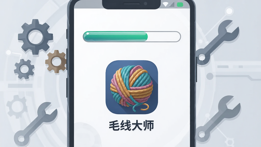 画面展示一部安卓手机正在安装应用,屏幕上显示安装进度条,应用图标是一团彩色毛线球,图标下方写着