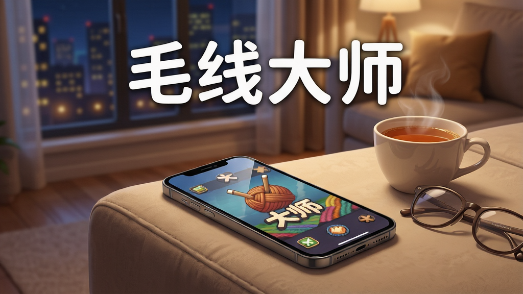 画面展示一部手机平放在沙发扶手上,屏幕亮着显示毛线大师的游戏界面,手机旁边有一杯热茶和一副眼镜,背景是温馨的客厅一角,窗外是夜晚城市灯光,画面中央偏上位置用白色圆体字写着