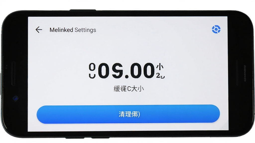 一部安卓手机展示 Melinked 设置菜单中的存储与缓存管理页面,主体为手机屏幕内缓存大小数字和清理按钮,布局为上下分层式排版,风格干净清爽的白色主题,细节上按钮带蓝色渐变、数字字体加粗,画质高清,干净,无多余元素
