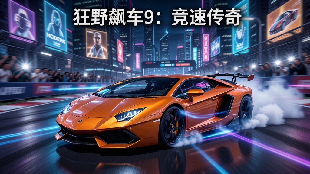 画面中央是一辆炫酷的橙色兰博基尼跑车在霓虹闪烁的城市赛道上高速漂移,车身周围有蓝紫色速度光效和轮胎烟雾,背景是未来感十足的摩天大楼和全息广告牌,赛道两侧有观众和闪光灯,画面采用写实3D渲染风格,细节丰富,光影对比强烈,4K画质,干净无多余元素,图片上方悬浮文字