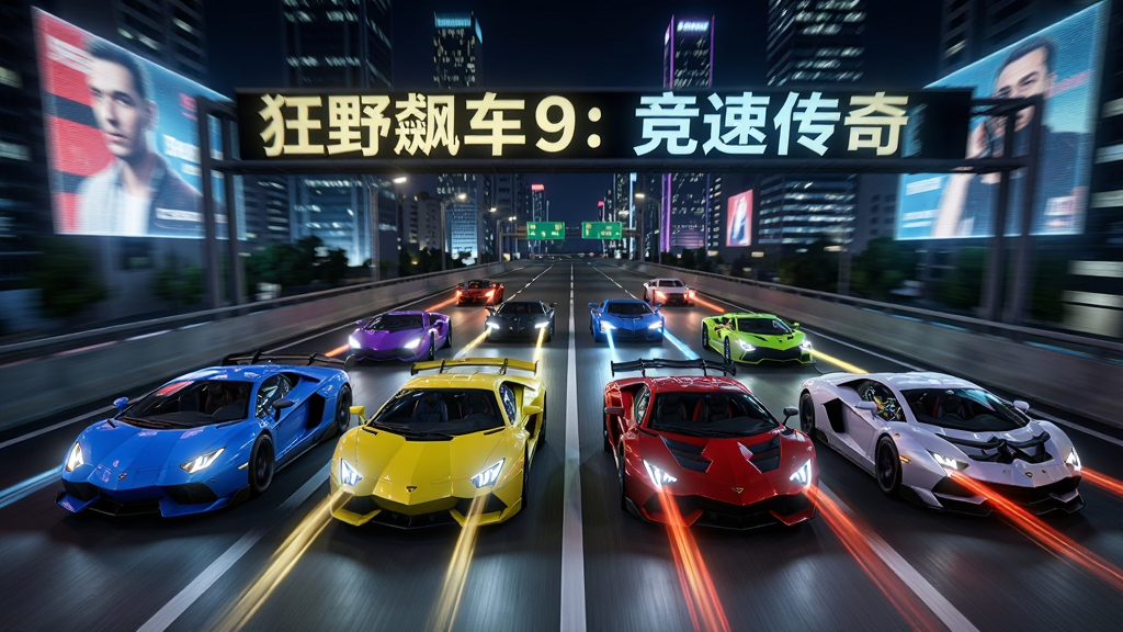 画面呈现一场夜间城市高速公路上的多人竞速场景,八辆不同颜色的超级跑车并排飞驰,车灯拉出长长的光轨,背景是灯火通明的摩天大楼和巨大的全息广告牌,画面动感强烈,写实3D风格,细节丰富,画质细腻,干净无多余元素,道路上方有
