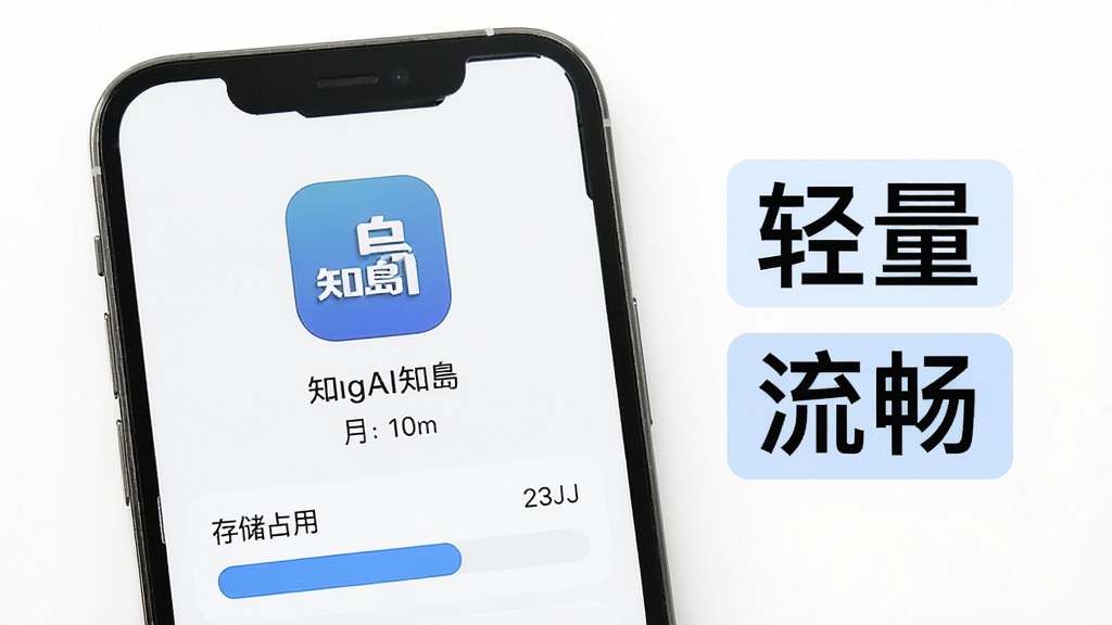 一张展示知岛AI轻量运行特性的图片,画面中手机屏幕显示知岛AI应用图标与存储占用信息,旁边有“轻量”“流畅”字样标签,背景为白色,风格极简,细节包含图标与数据条,画质清晰,干净,无多余元素