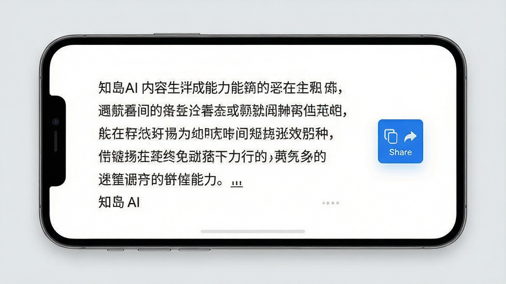 一张展示知岛AI内容生成能力的图片,画面中手机屏幕显示一段由知岛AI生成的短文,文字排版整齐,旁边有复制与分享按钮,背景为淡灰色,风格商务简洁,细节包含文字段落与操作图标,画质清晰,干净,无多余元素