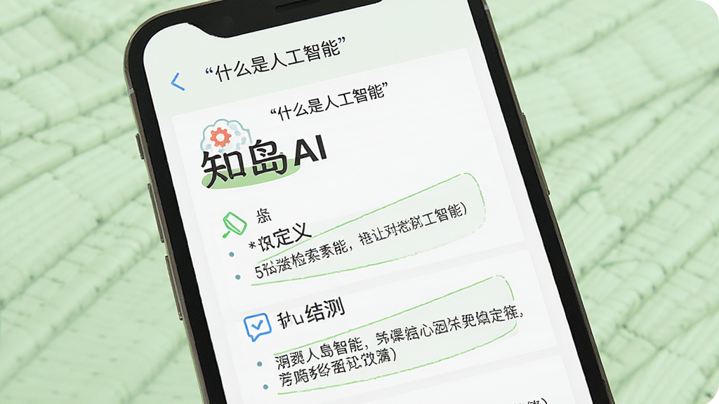 一张展示知岛AI知识检索问答场景的图片,画面中手机屏幕显示用户提问“什么是人工智能”,知岛AI给出结构化回答,包含定义与举例,背景为浅绿色,风格清爽自然,细节包含文字层级与图标,画质清晰,干净,无多余元素