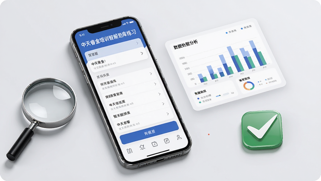 中天睿金培训智能题库练习界面,画面展示手机屏幕上的答题界面和数据分析图表,旁边有放大镜和勾选标记元素,背景为浅灰色,风格商务简洁,布局清晰,细节精致,画质高清,干净无多余元素