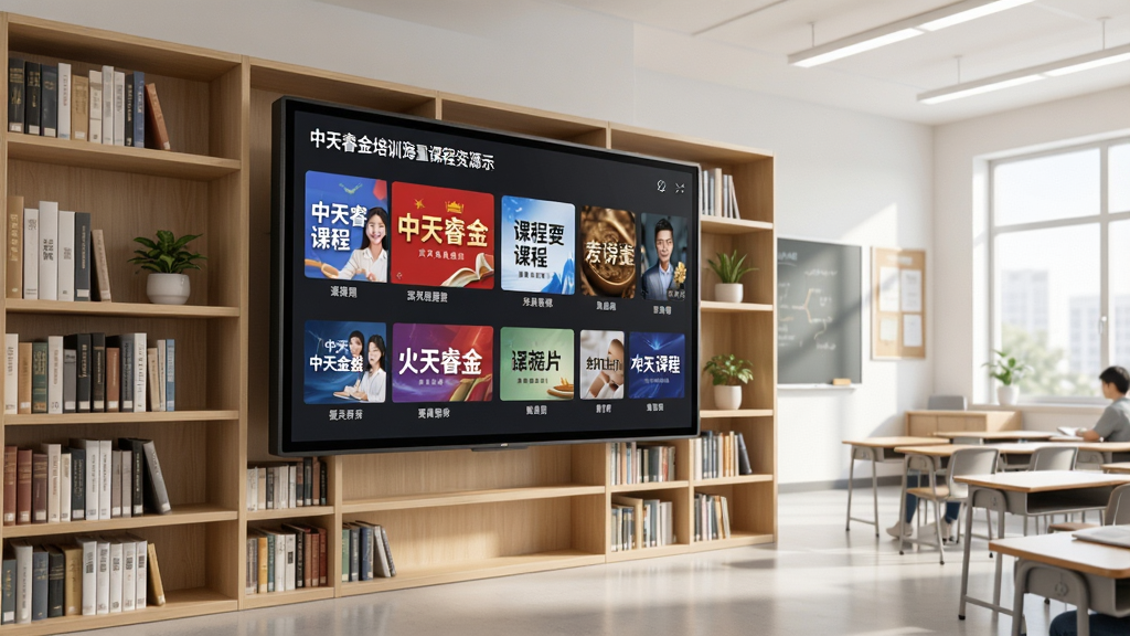 中天睿金培训海量课程资源展示,画面以书架和数字屏幕组合为主体,屏幕上显示各类课程封面和分类标签,背景为明亮的教室场景,风格现代简约,布局层次分明,细节丰富,画质高清,干净无多余元素