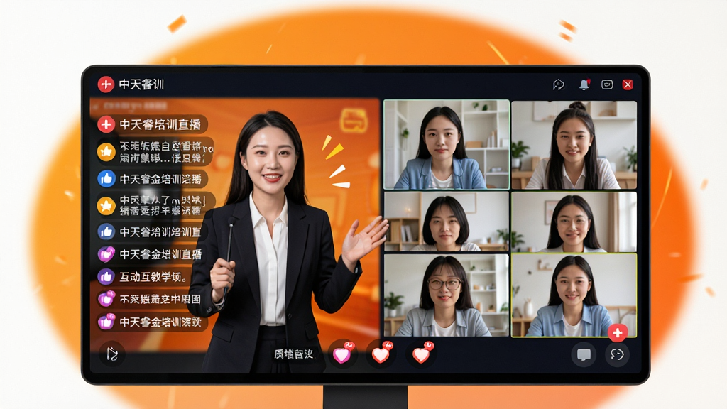 中天睿金培训直播互动教学场景,画面展示老师直播授课和学员在线互动的界面,屏幕中有弹幕和点赞图标,背景为温暖的橙色光晕,风格活泼明快,布局动感,细节生动,画质高清,干净无多余元素
