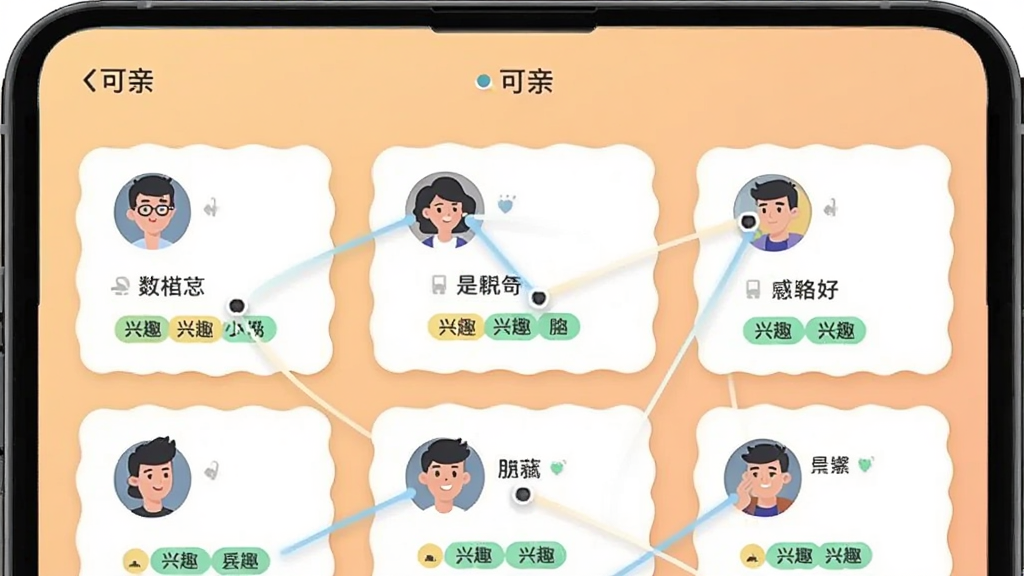 一部手机屏幕展示“可亲”推荐好友界面,多个用户卡片以网格排列,每个卡片有头像、昵称和兴趣标签,卡片之间有连接线条表示匹配,背景为浅橙色渐变,扁平插画风格,细节清晰,画质干净,无多余元素