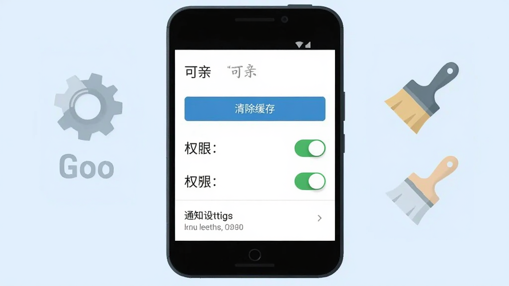 一部安卓手机显示“可亲”设置页面,有清除缓存按钮、权限开关和通知设置选项,旁边有齿轮和刷子图标,背景为浅蓝色,扁平化插画风格,画质清晰,干净无多余元素