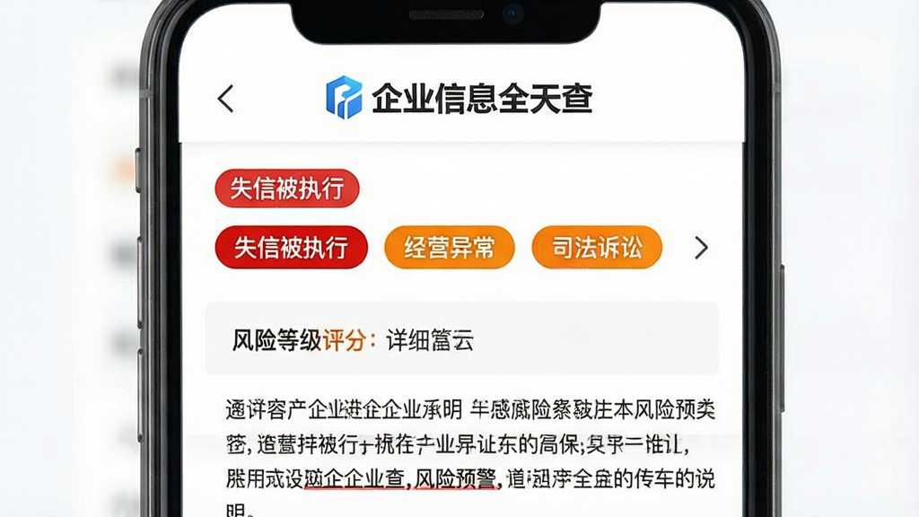 一张展示企业信息全天查风险预警功能的界面截图风格图片,手机屏幕内显示一家企业的风险详情页,页面顶部有“企业信息全天查”标志,中间用红色和橙色标签标注“失信被执行”“经营异常”“司法诉讼”等风险项,下方有风险等级评分和详细说明文字,背景为干净的白色,整体排版清晰易读,画质高清,无多余装饰