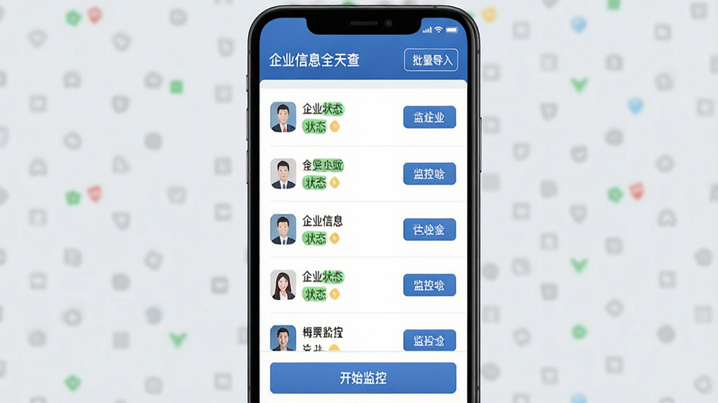 一张展示企业信息全天查批量查询功能的界面截图风格图片,手机屏幕内显示一个企业列表,每家企业旁边有状态标签和监控按钮,顶部有“企业信息全天查”标题和批量导入按钮,页面底部有“开始监控”的操作按钮,背景为浅灰色,整体风格简洁高效,画质高清,无多余杂乱元素