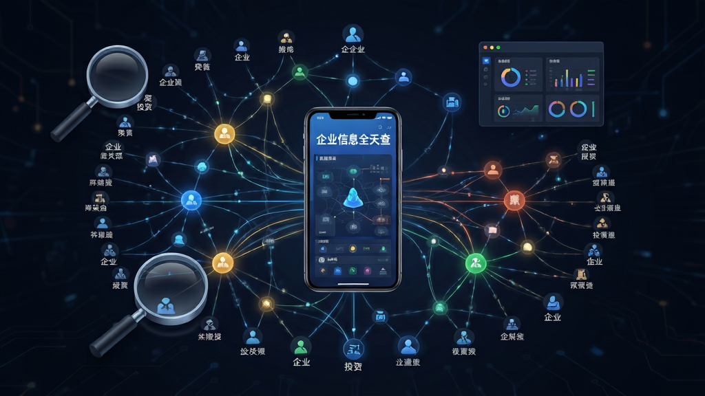 一幅AI生成的数据可视化风格图片,画面中央是一张复杂的企业关联网络图谱,节点代表不同企业,连线代表股权和投资关系,图谱中心有一部手机显示“企业信息全天查”的关联图谱界面,周围环绕着放大镜、数据面板等元素,整体色调为深色背景配亮色节点,风格专业商务,画质高清,布局清晰,无多余元素