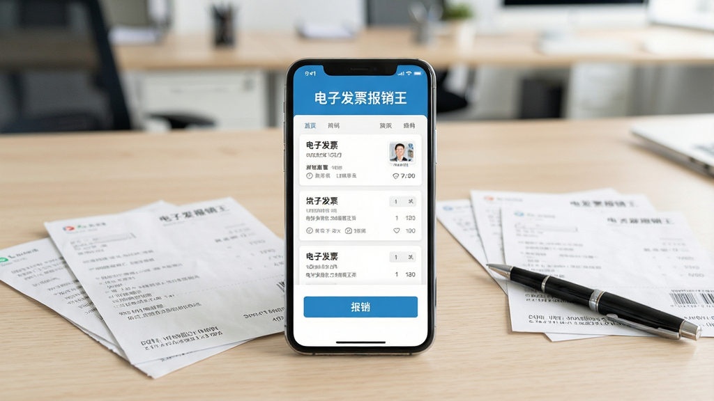 一张简洁明亮的办公桌面场景,画面中央放置一部智能手机,手机屏幕上显示“电子发票报销王”软件界面,界面中包含发票列表与报销按钮,手机旁边散落几张纸质发票与一支签字笔,背景为浅色木质桌面与模糊的办公环境,整体风格为清爽商务风,细节丰富,画质清晰,画面干净,无多余元素