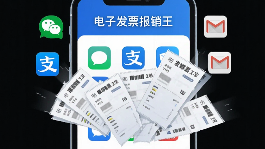 一张以电子发票报销王软件界面为主体的手机截图风格图片,画面展示多张电子发票从不同应用图标飞入手机屏幕的动效场景,屏幕上方显示“电子发票报销王”字样,周围环绕微信、支付宝、邮箱等小图标,整体风格为科技感扁平插画,色彩以蓝白为主,细节清晰,画质干净,无多余元素