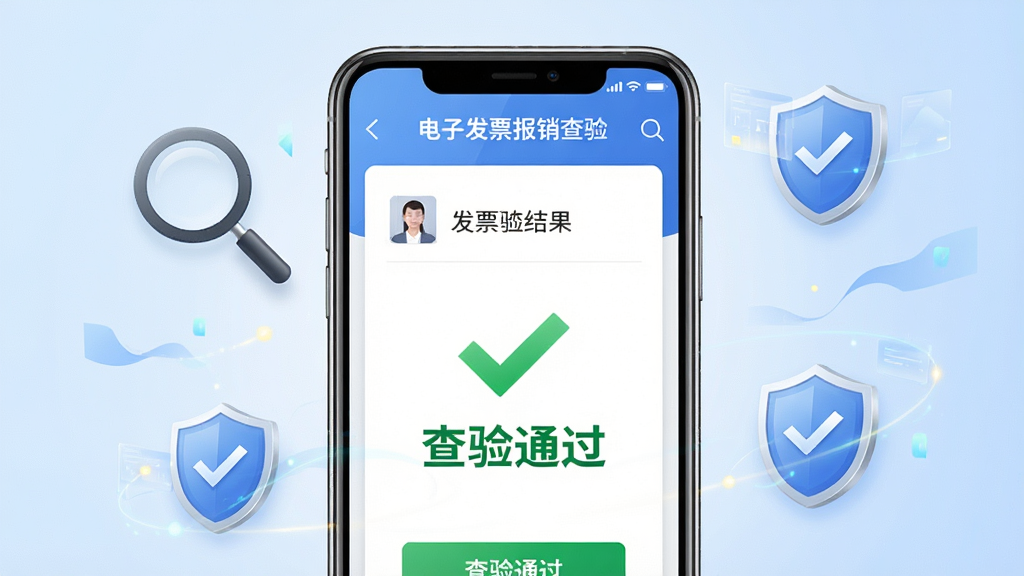 一张以电子发票报销王查验功能为主题的图片,画面中央为手机屏幕显示发票查验结果页面,页面中带有绿色对勾与“查验通过”字样,背景为淡蓝色渐变,周围环绕放大镜与盾牌图标象征安全核验,整体风格为商务安全风,细节精致,画质清晰,无多余元素