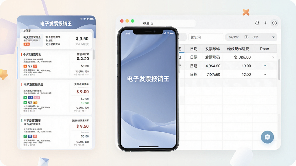 一张展示电子发票报销王软件自动生成报销单过程的图片,画面左侧为发票列表,右侧为正在生成的报销单表格,表格中包含金额、日期、发票号码等字段,手机屏幕上方显示“电子发票报销王”名称,整体风格为简洁UI展示图,色调柔和,布局清晰,画质干净,无多余元素