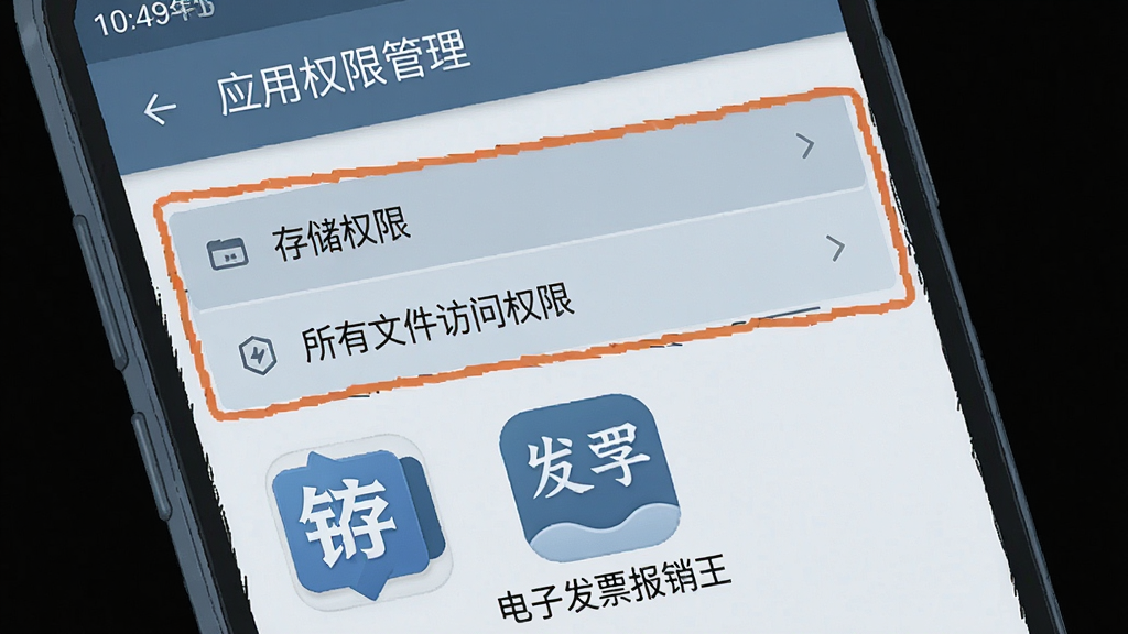 一张以手机安全设置为主题的图片,画面展示安卓手机设置界面中「应用权限管理」页面,页面中高亮标注「存储权限」与「所有文件访问权限」两个选项,画面下方显示“电子发票报销王”应用图标,整体风格为手机截图风格插画,色调以蓝灰为主,细节清晰,画质干净,无多余元素