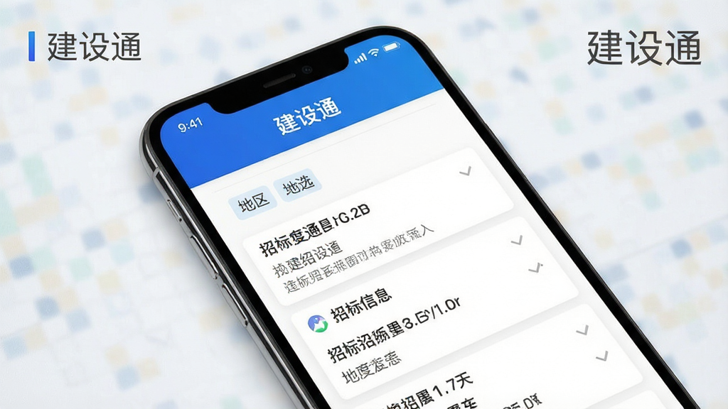 建设通应用界面展示,主体为手机屏幕上的招标信息列表,布局采用上下滚动式设计,排版清晰,风格为现代商务简约风,细节包括蓝色标题栏、白色信息卡片、地区筛选标签,画质高清、干净、无多余元素,图片中文字标注“建设通”。