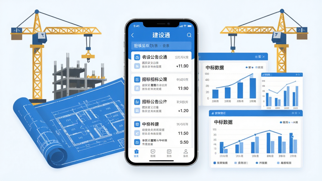 画面中央展示一部智能手机,手机屏幕显示建设通应用主界面,界面包含招标公告列表和中标数据图表,手机周围环绕建筑工地、工程图纸、数据图表等元素,整体布局为居中构图,风格为扁平化科技商务风,细节包括蓝色主色调、清晰的数据卡片和图标,画质为高清、干净、无多余元素,图片中文字标注“建设通”。
