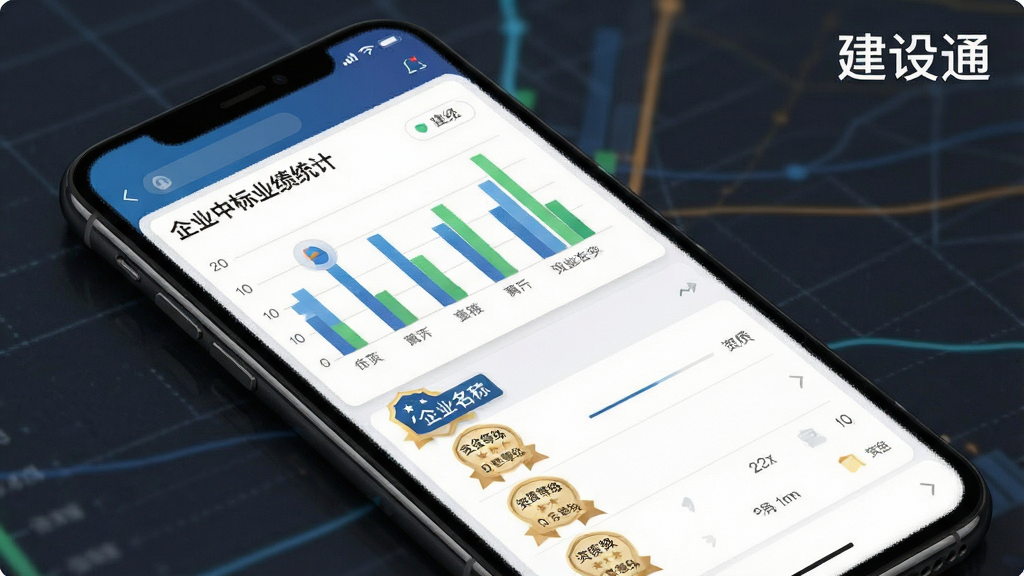 建设通企业查询界面展示,主体为手机屏幕显示企业中标业绩统计图表和资质证书列表,布局为上下分栏式,风格为数据可视化商务风,细节包括柱状图、企业名称标签、资质等级徽章,画质高清、干净、无多余元素,图片中文字标注“建设通”。