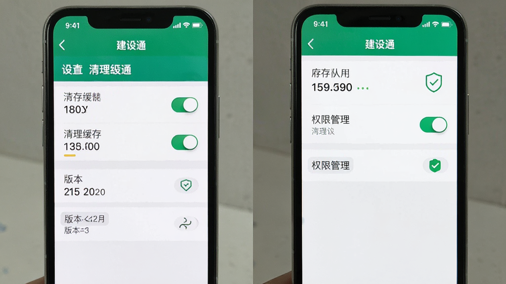 手机屏幕显示建设通应用设置界面,主体为清理缓存和权限管理选项,布局为纵向列表,风格为简洁工具风,细节包括缓存大小数字、开关按钮、版本号标签,画质高清、干净、无多余元素,图片中文字标注“建设通”。