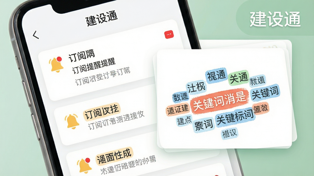 建设通消息推送界面展示,主体为手机屏幕显示订阅提醒列表和关键词标签云,布局为卡片式排列,风格为清新简约风,细节包括铃铛图标、红色未读标记、关键词高亮,画质高清、干净、无多余元素,图片中文字标注“建设通”。