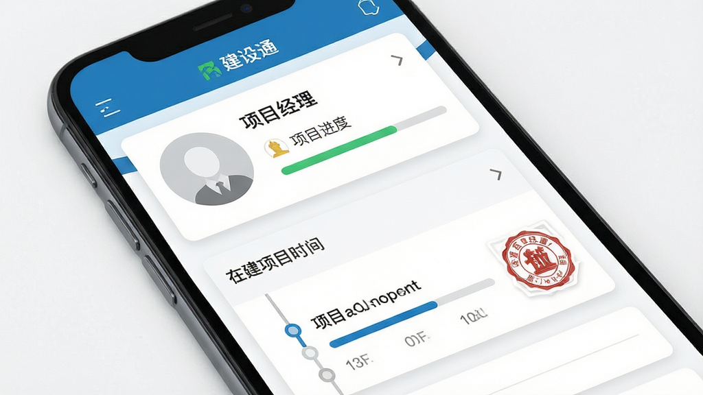 建设通项目经理查询界面展示,主体为手机屏幕显示项目经理个人信息卡片和在建项目时间轴,布局为纵向列表式,风格为简洁信息卡片风,细节包括头像占位、项目进度条、执业印章图标,画质高清、干净、无多余元素,图片中文字标注“建设通”。