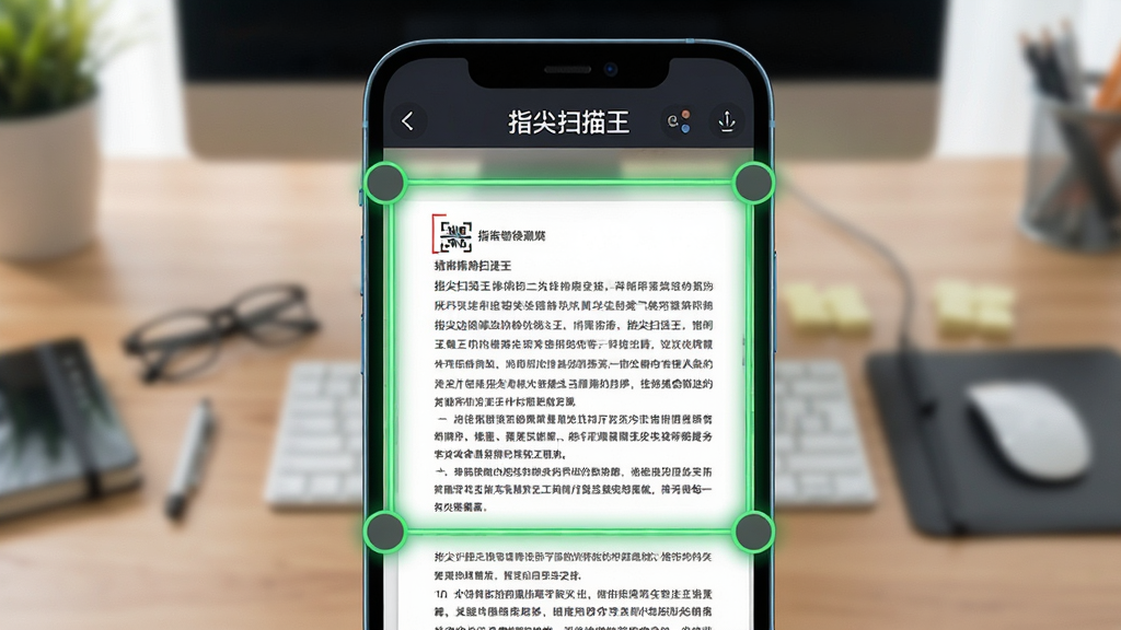 一张展示“指尖扫描王”智能边缘检测功能的图片,画面主体是一部手机屏幕特写,屏幕上显示文档被绿色边框自动框选,边框四角有圆形控制点,背景是模糊的桌面环境,布局为手机居中放大,风格为科技感UI展示风,细节包括屏幕内文档文字清晰可见、边框线发光效果,画质为高清,干净无多余元素
