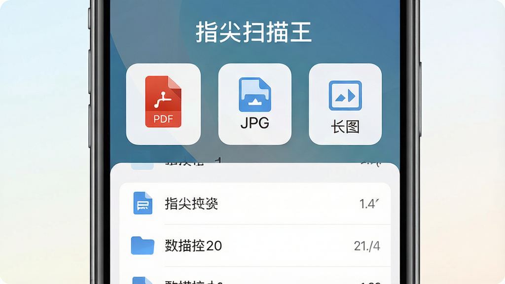 一张展示“指尖扫描王”导出功能界面的图片,画面主体是手机屏幕,屏幕上显示多个导出格式图标,包括“PDF”“JPG”“长图”按钮,下方有文件列表,背景为浅色渐变,布局为手机居中,风格为扁平化UI设计风,细节包括图标圆角、文字清晰,画质为高清,干净无多余元素