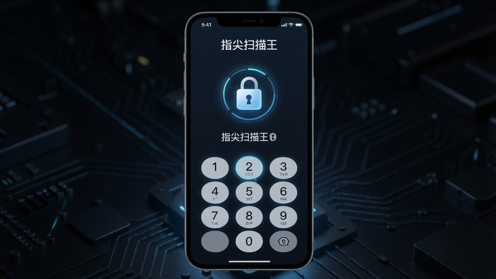 一张展示“指尖扫描王”隐私保护功能的图片,画面主体是一部手机,屏幕上显示应用锁密码输入界面,背景是深色科技感环境,布局为手机居中,风格为安全防护主题风,细节包括锁形图标、数字键盘、屏幕微光,画质为高清,干净无多余元素