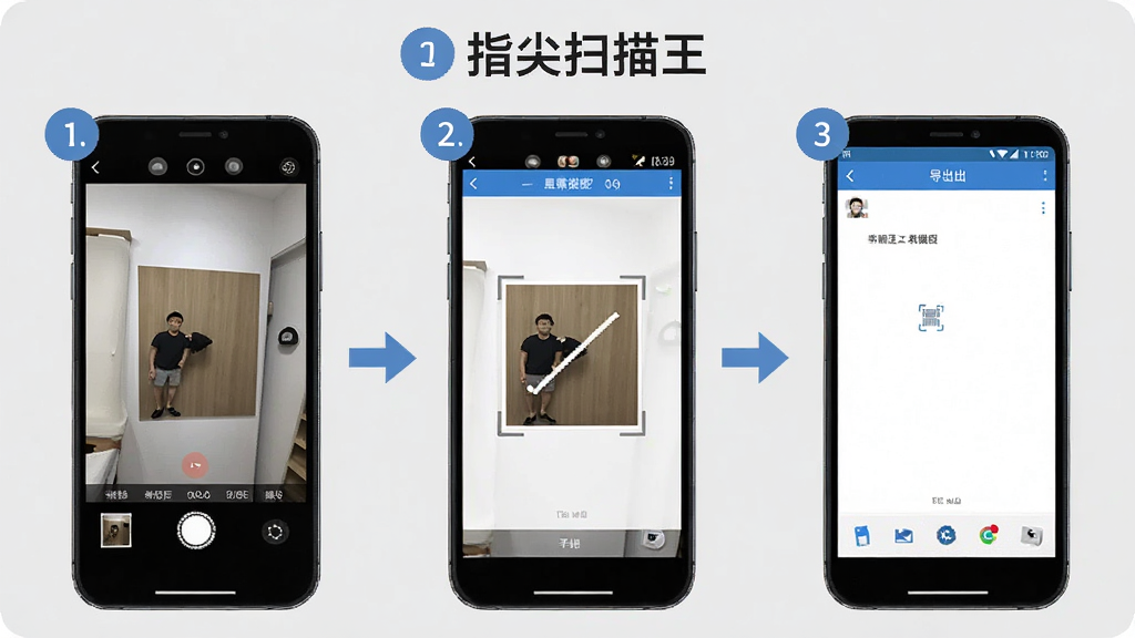一张展示“指尖扫描王”手机端操作步骤的图片,画面主体是一部手机,屏幕上分步骤显示拍摄、裁剪、导出三个界面缩略图,背景为浅灰色,布局为横向排列三个手机屏幕,风格为教程示意图风,细节包括箭头引导、步骤编号,画质为高清,干净无多余元素