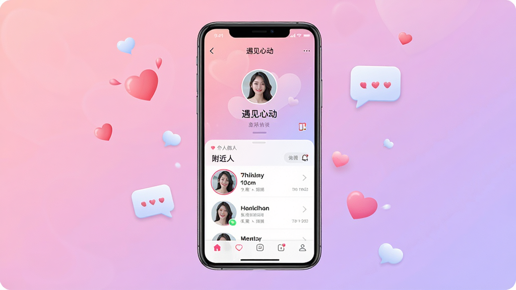 一张展示“遇见心动”App核心界面的手机样机图,画面中央是手机屏幕,屏幕内显示用户个人主页和附近的人列表,背景是柔和的粉紫色渐变,周围点缀着爱心和聊天气泡图标,整体风格清新浪漫,画质清晰,干净无多余元素