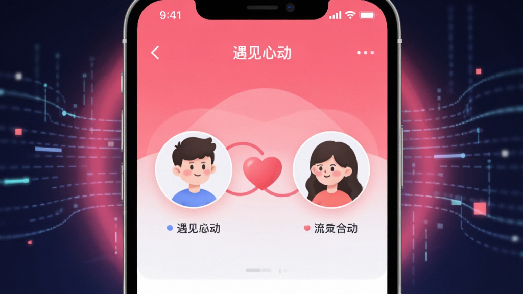 一张展示“遇见心动”App智能匹配界面的插画,画面中一部手机屏幕显示匹配成功的动画效果,两个卡通人物头像被爱心连接,背景是科技感的数据流线条与粉色光晕,风格现代简洁,画质细腻,无多余元素