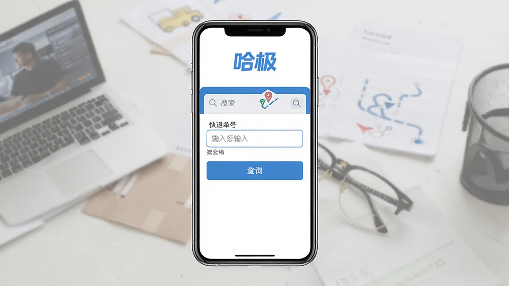 一张展示哈极软件主界面的手机预览图,主体为居中竖屏智能手机,屏幕显示快递单号输入框与查询按钮,布局简洁,上方有哈极文字标识,排版干净,风格为扁平化科技蓝白配色,细节包含物流轨迹小图标与搜索栏,画质高清,干净,无多余元素