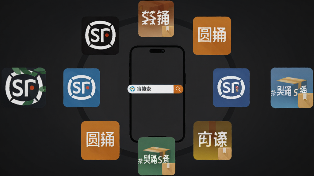 一个手机屏幕内同时显示多家快递公司图标环绕在哈极搜索框周围的插画,主体为居中手机界面,布局为环形排列,排版对称,风格为扁平化矢量插画,细节包含顺丰中通圆通韵达等标识色块与包裹小图标,画质高清,干净,无多余元素