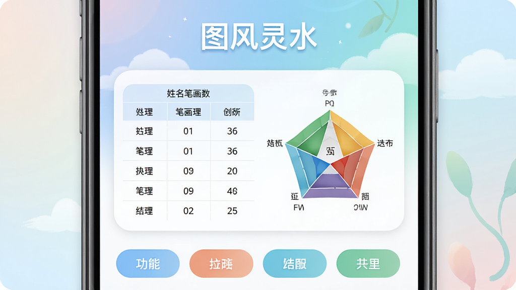 图风灵水软件主界面截图,主体为手机屏幕展示姓名分析结果页面,布局居中排版,上方为软件名称“图风灵水”文字标识,中部为姓名笔画数理表格与五行分布图,下方为功能按钮排列,风格简洁清新,细节包含柔和渐变背景与圆角卡片设计,画质清晰干净,无多余元素