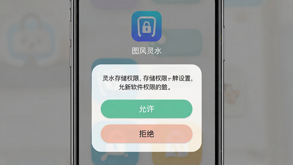 图风灵水软件权限设置引导界面截图,主体为手机屏幕显示权限申请弹窗,布局居中排版,上方为软件名称“图风灵水”图标,中部为存储权限说明文字与允许按钮,下方为拒绝按钮,风格清爽浅色,细节包含圆角按钮与简洁图标,画质清晰干净,无多余元素