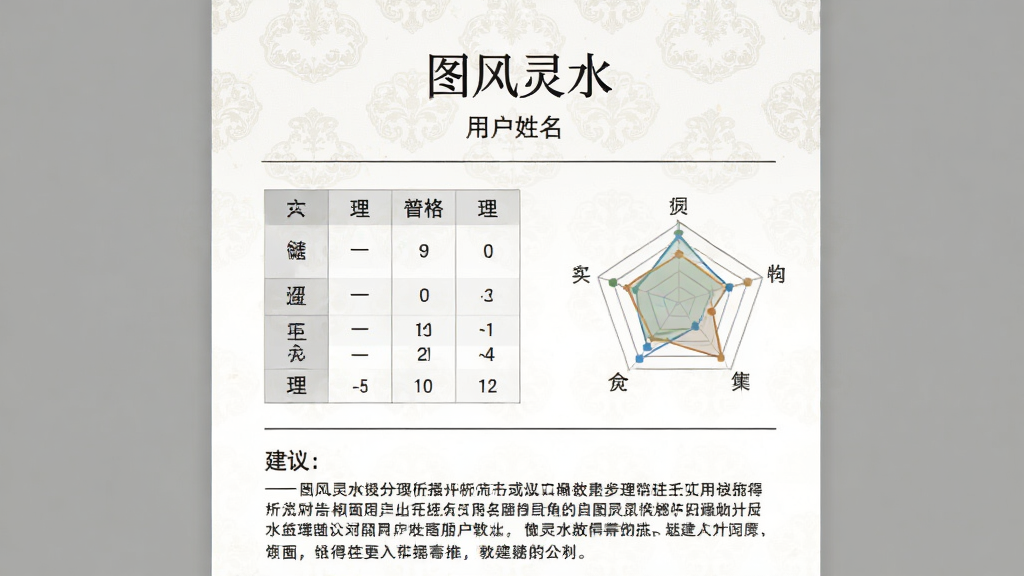 图风灵水软件生成的姓名分析报告预览图,主体为一张图文报告页面,布局上方为姓名标题“图风灵水”与用户姓名,中部为五格数理表格与五行雷达图,下方为文字建议段落,风格素雅极简,细节包含浅色底纹与清晰的分隔线,画质干净清晰,无多余装饰元素
