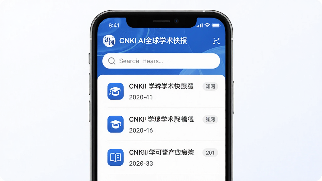 一张展示CNKI AI全球学术快报手机应用界面的图片,主体为一部智能手机,屏幕中显示学术文献列表和搜索框,布局居中,排版简洁,风格为现代科技感,细节包括知网标志性的蓝色调与学术图标,画质清晰,干净,无多余元素