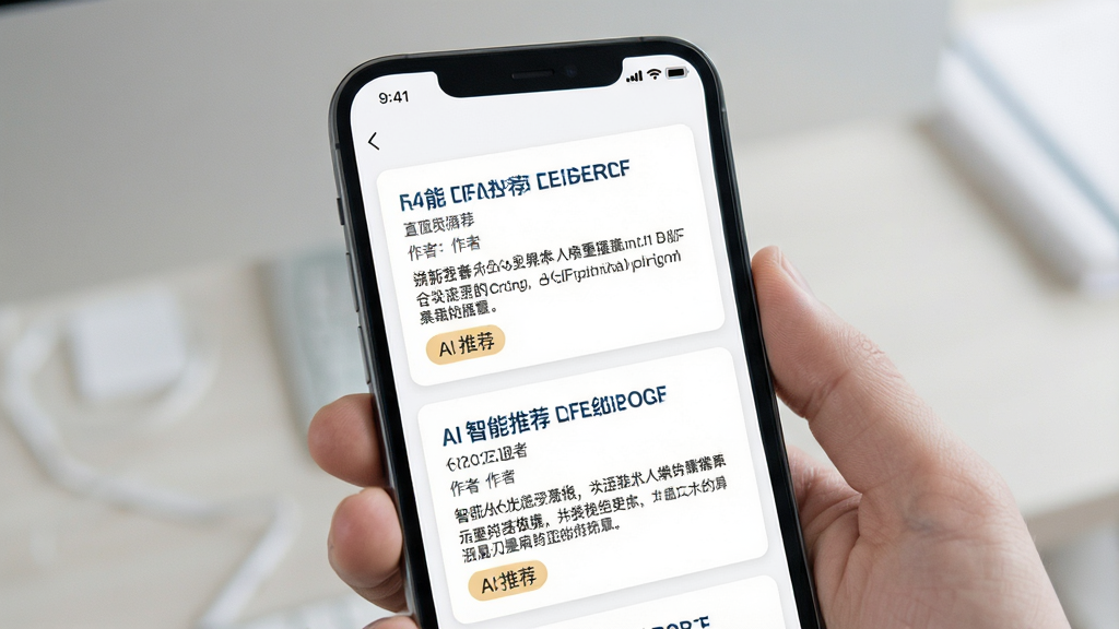 一张展示AI智能推荐学术文献的界面图,主体为手机屏幕显示个性化推荐列表,布局为上下滑动卡片式,排版清晰,风格为简约学术风,细节包括文献标题、作者、摘要片段和AI推荐标签,画质清晰,干净,无多余元素