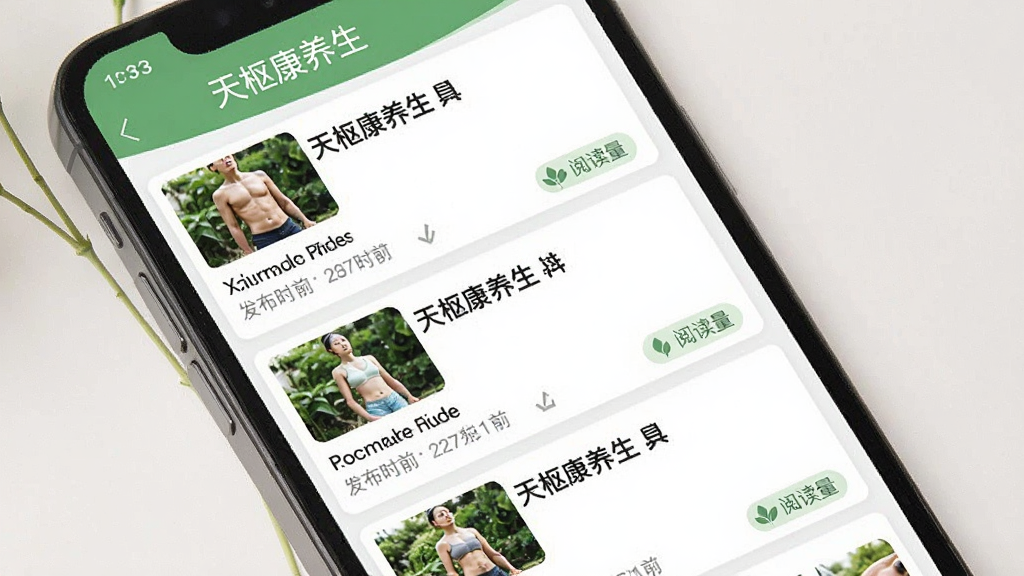 天枢康养生软件内的健康资讯列表页面,主体为手机屏幕展示资讯卡片流,布局上下滑动排列,排版整齐,风格清新自然,细节包括资讯标题、缩略图、发布时间与阅读量标签,画面中带有“天枢康养生”文字标识,画质清晰,干净,无多余元素。