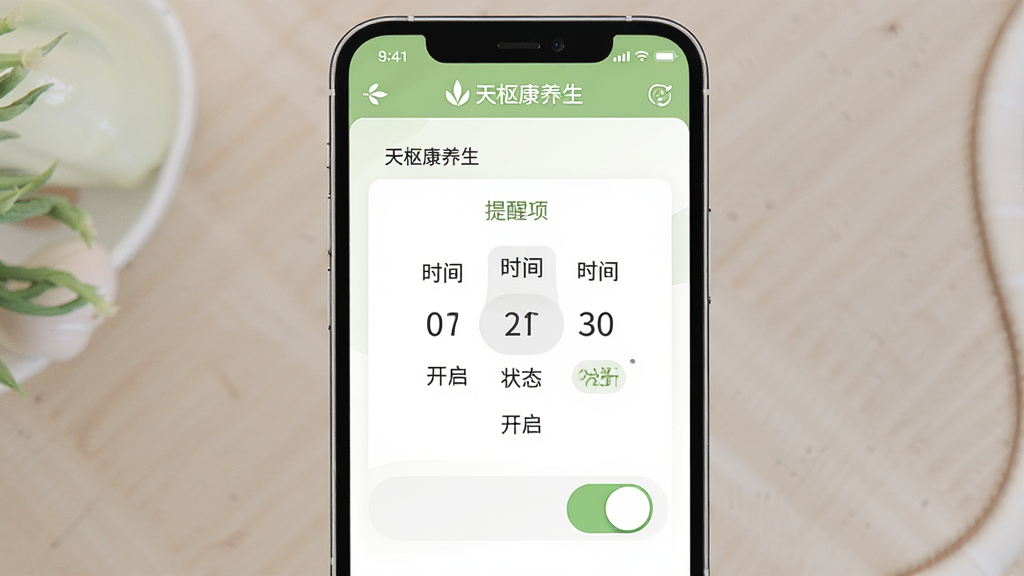 天枢康养生软件的提醒设置页面,主体为手机屏幕展示时间选择器与开关按钮,布局居中,排版清晰,风格简约实用,细节包括提醒项目名称、时间显示与开启状态,配色以浅绿和白色为主,带有“天枢康养生”文字标识,画质高清,干净,无多余元素。