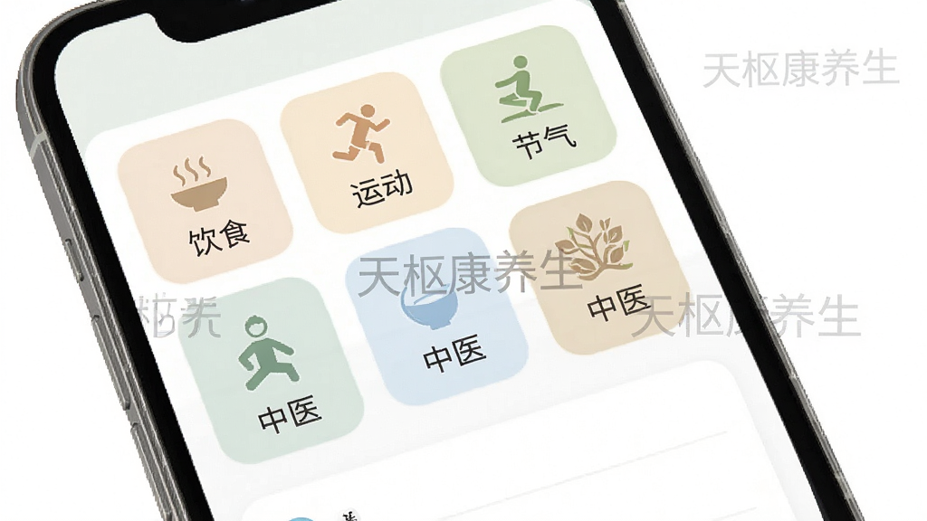 天枢康养生软件的知识分类界面,主体为手机屏幕展示多个分类图标与标签,布局采用网格与列表结合,排版有序,风格素雅简洁,细节包括分类名称如饮食、运动、节气、中医等,配色柔和,带有“天枢康养生”水印文字,画质高清,干净,无多余元素。