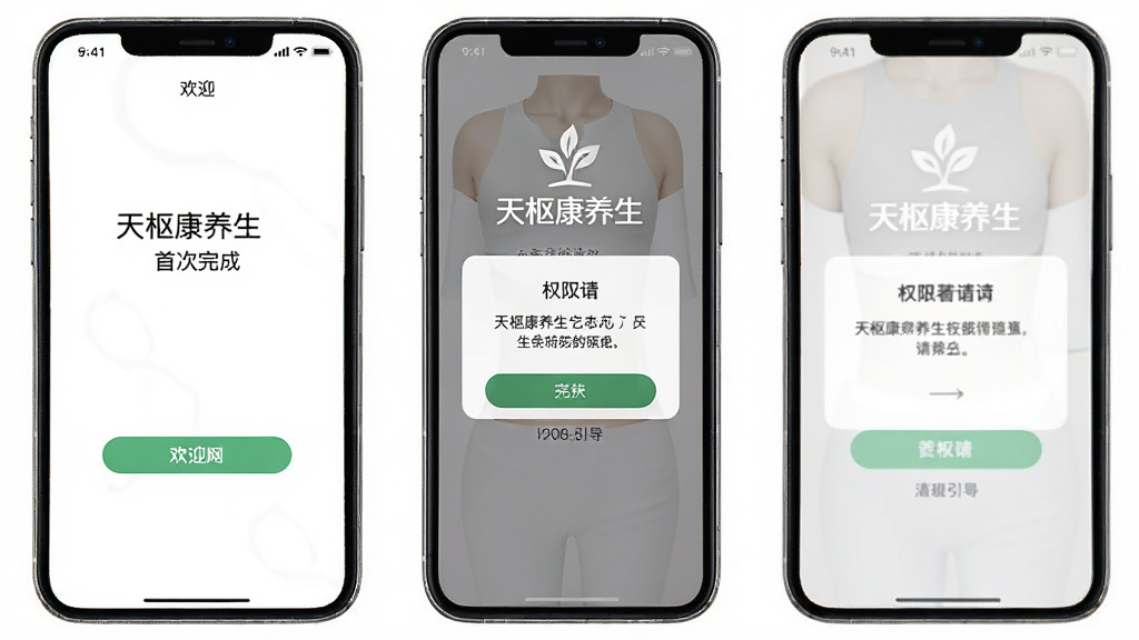 天枢康养生软件在新手引导下的手机操作场景图,主体为一部手机展示安装完成后的首次打开界面,布局包含欢迎页与权限请求弹窗,排版居中,风格简洁明快,细节包括按钮文字、权限说明与“天枢康养生”标志,画质清晰,干净,无多余元素。