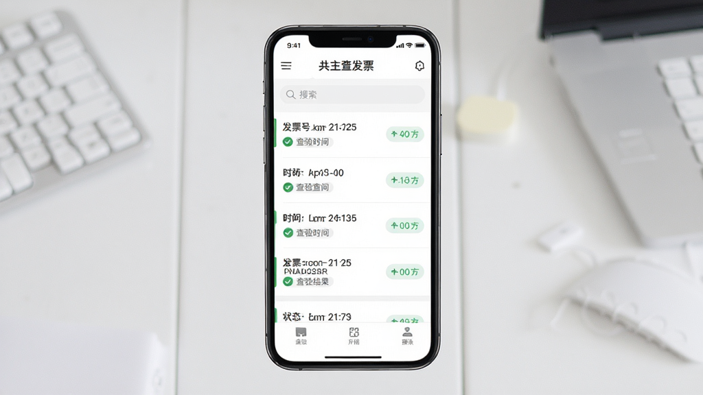 查验电子发票记录管理界面图,画面中央展示手机屏幕内查验历史列表,每条记录包含发票号码、查验时间、查验结果状态,布局为纵向列表式排版,风格为素雅极简风,配色以白色和浅灰色为主,细节包含对勾图标、时间标签、搜索栏,画质高清,干净,无多余元素