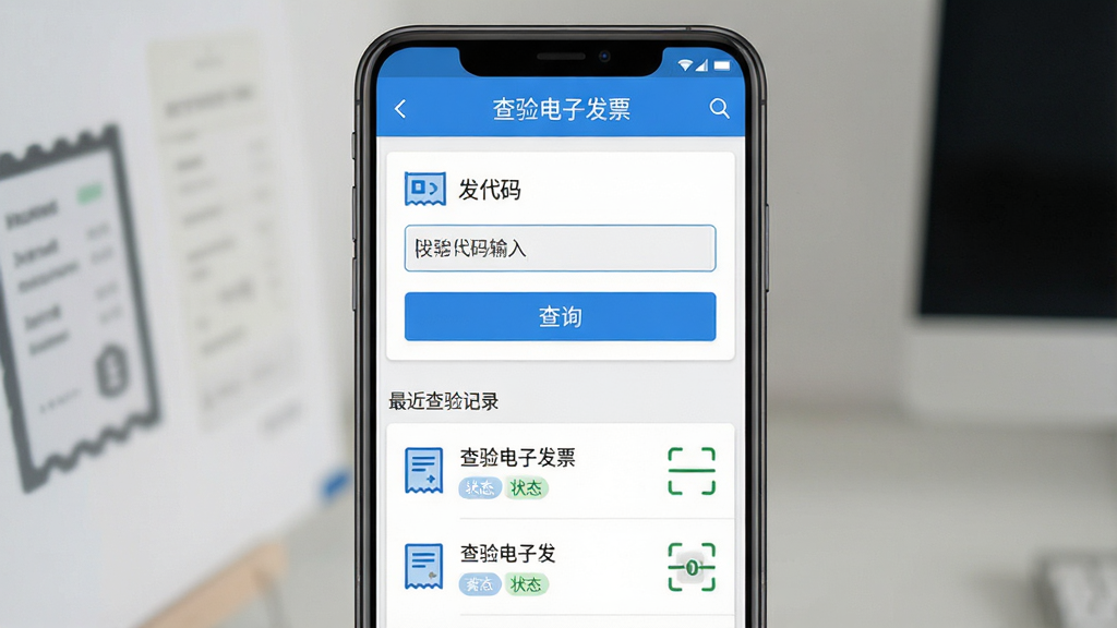 查验电子发票软件主界面预览图,画面中央展示一款简洁的安卓手机应用界面,顶部标题栏写有