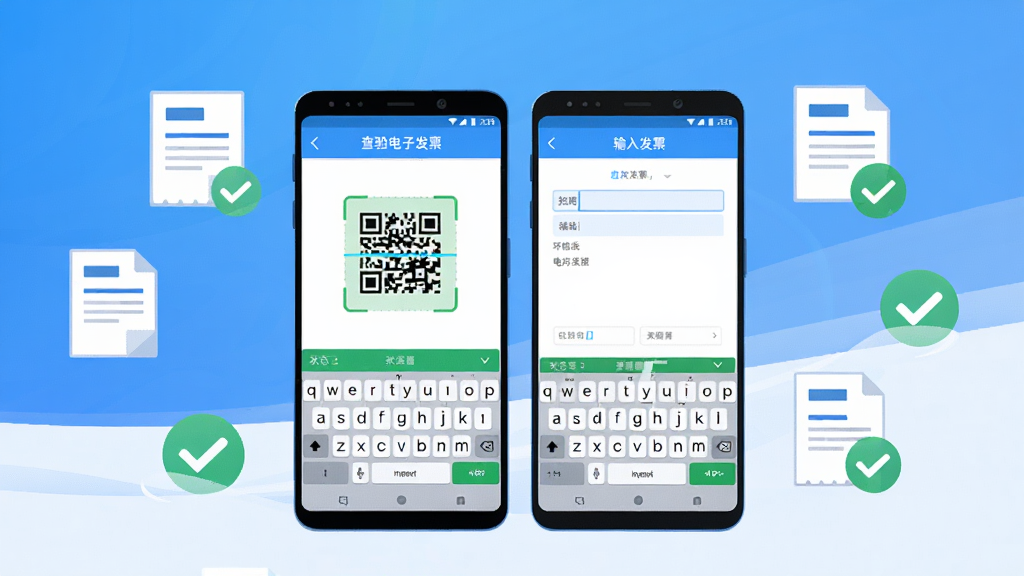 查验电子发票移动端操作示意图,画面中央展示一部安卓手机,屏幕内显示查验电子发票应用的扫码界面与输入界面并排布局,周围环绕发票图标与对勾标识,风格为扁平化科技风,配色以蓝白渐变为主,细节包含二维码扫描框、输入键盘、状态提示条,画质高清,干净,无多余元素