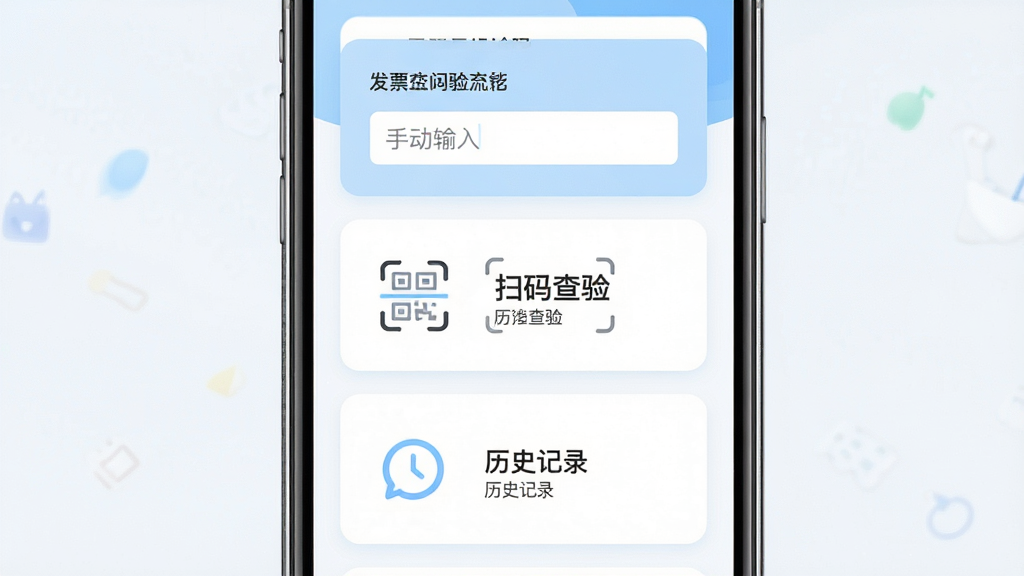 查验电子发票功能展示图,画面中央展示手机屏幕内多种查验方式入口,分别为手动输入、扫码查验、历史记录三个模块,界面排版为纵向卡片式布局,风格为清新简约风,配色以浅蓝和白色为主,细节包含发票代码输入框、二维码扫描图标、时钟记录图标,画质高清,干净,无多余元素